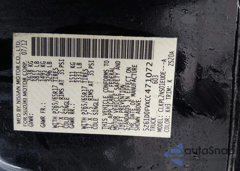 2012 Suzuki Equator Sport z USA, uszkodzony, nr VIN 5Z61D0FVXCC471072